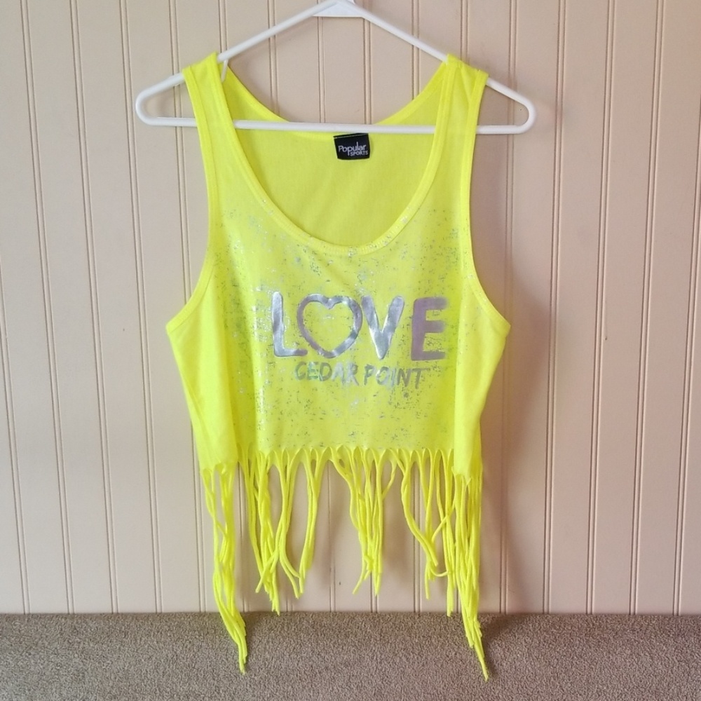 Cedar Point crop top fringe tank neon yellow small